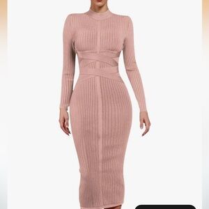 Like New Ribbed Bandage Bodycon Midi Fall/Winter Dress in Dusty Rose